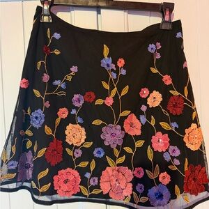 French Connection Black Skirt with Multicolor Floral Embroidery